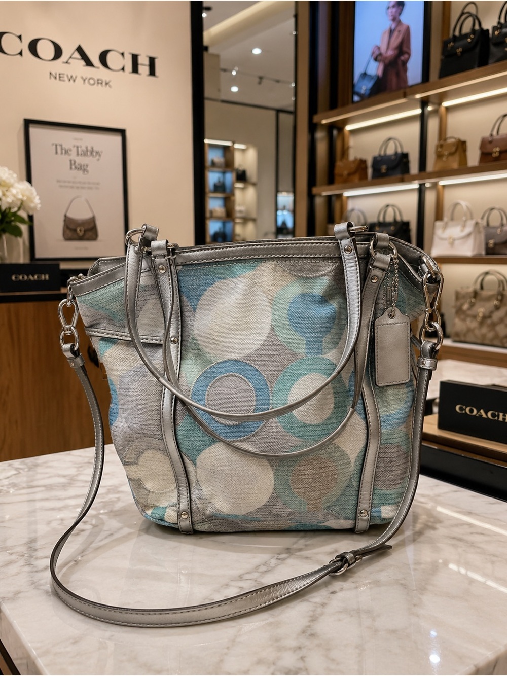 Coach Silver Metallic & Blue Signature Canvas Shoulder Bag